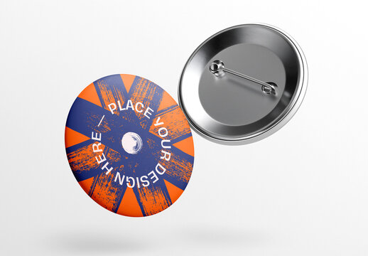 Floating Round Button Badge Mockup &ndash; Front and Back View with Realistic Metal Texture