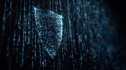 Cybersecurity concept featuring glowing shield and digital binary rain effect
