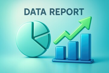 Modern data visualization presents business growth with ascending green arrow over blue bar graph and segmented pie chart, embodying financial progress.