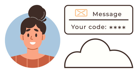 Smiling woman portrait with a message containing a security code and a cloud symbol. Ideal for concepts thumbs up technology, privacy, authentication, security, digital communication, ID