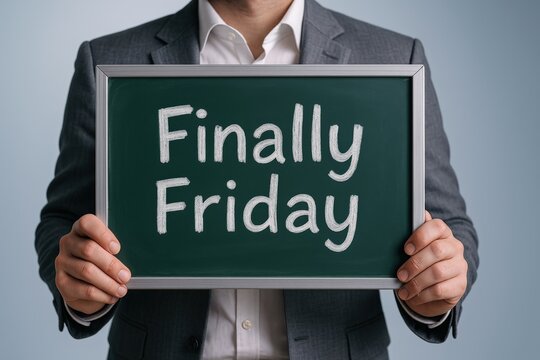 Man holds chalkboard celebrating Finally Friday, signaling weekend joy and work break with casual business attire and a vibrant green board.
