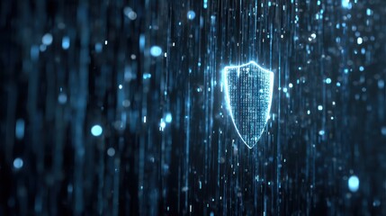 Cybersecurity concept featuring glowing shield and digital binary rain effect