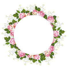 Watercolor circular frame made of pink peony roses and green leaves, ideal for wedding invitations, greeting cards, or elegant floral branding with space for text in the center.