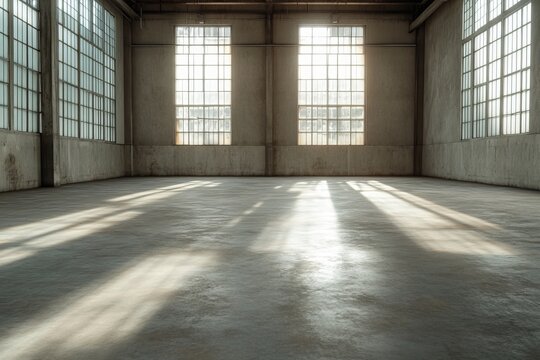 Concrete hangar with two large windows. Generative AI - Powered by Adobe