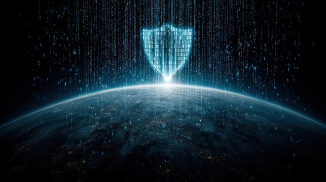 Cybersecurity shield glowing over a digital globe with binary code raining