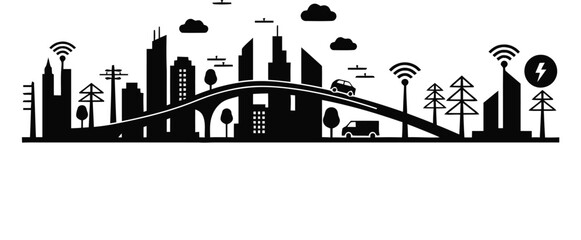 Minimalist Smart City Infrastructure Vector Silhouette. Modern Tech Urban Layout Design on White.