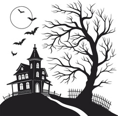 haunted house on hill with bats and moonlight