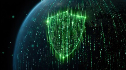 Cybersecurity shield glowing over a digital globe with binary code raining