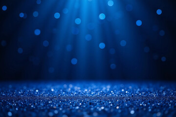 Abstract dark vivid navy blue sparkling glitter wall and floor perspective background studio with blur bokeh. 3d rendering.