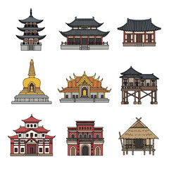 Diverse Collection of Asian Architectural Styles Represented as Vector Illustrations for Travel Guides and Cultural Education Materials