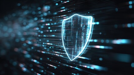 Cybersecurity shield pulsating with neon lights amidst flowing binary sequences