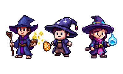 Pixel Art Wizard Characters, set of three charming pixel art illustrations of young wizards. Each character has unique features and magical elements, including a staff, spellbook, crystal, and element
