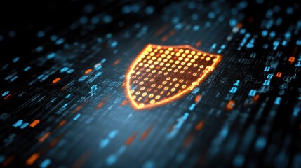 Cybersecurity visualization with shield icon and dynamic binary background