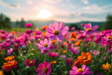 Fototapeta premium Vibrant Cosmos Field Beauty Captivating Pink and Orange Flowers Scenery