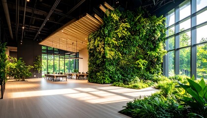 Modern office interior with living green wall with sunlight and large windows.