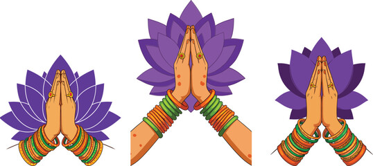 Indian hands with henna and bangles in namaste gesture with purple lotus flower background vector design