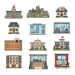 Diverse Collection of Educational Building Illustrations for School Projects, Architectural Designs and Educational Presentation, Promoting Learning and Academic Excellence