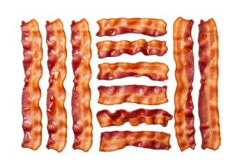 Eight Perfectly Cooked Crispy Golden Brown Bacon Strips Isolated on White Background – Ideal for Breakfast, Brunch, and Food Advertising Concepts