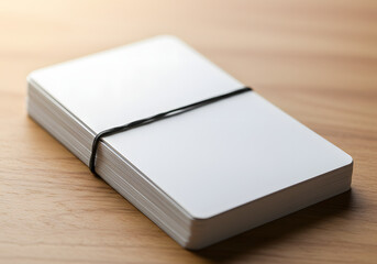 Stack of blank white cards on wooden surface
