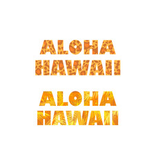 Aloha Hawaii lettering variation for fashion t-shirt print, bag design, poster isolated on white background with palm branches, leaves and panther skin spot pattern
