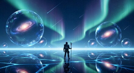 Discovering cosmic wonders, a lone explorer stands beneath a vibrant aurora borealis, surrounded by swirling galaxies within ethereal orbs.