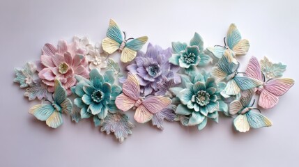 A collection of handcrafted, pastel-colored floral and butterfly sculptures on a clean white background