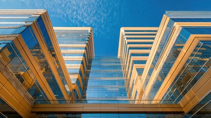 Modern Architecture: High-Rise Buildings with Glass Facades and Blue Sky in Urban Setting