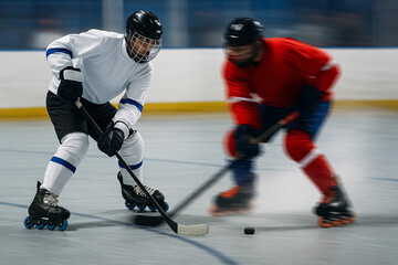 Two male roller hockey players in jerseys competing for the puck on an indoor rink.