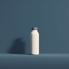 A minimalistic white bottle stands against a blue background, casting a soft shadow, creating a modern and clean aesthetic.