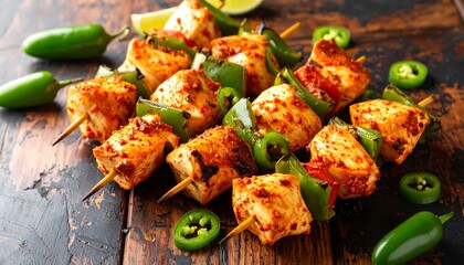 Grilled chicken and pepper skewers on a rustic wooden board