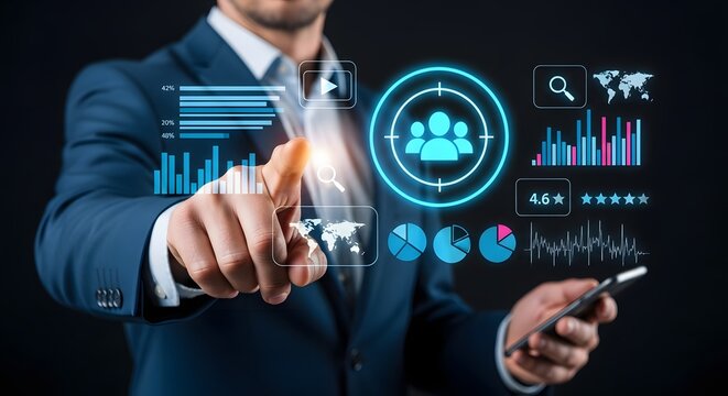 Confident businessman analyzing global data and business growth metrics with futuristic holographic interface and smartphone