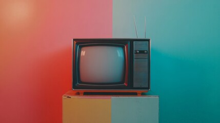 Retro television set against vibrant, colorful backdrop evokes nostalgia and vintage style