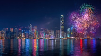 A breathtaking nighttime cityscape showcases vibrant lights reflecting on the water, creating a mesmerizing display of color and illumination across the dark sky.