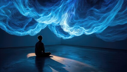 Person meditates under digital blue clouds in dark room; art installation