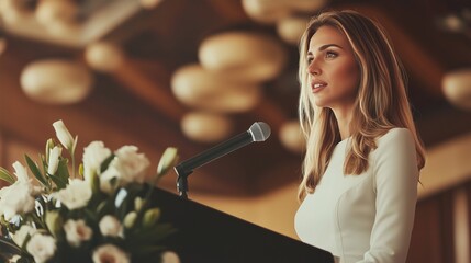 Blonde woman delivering elegant speech at formal event portrait image. Poised female speaker in white dress speaking at podium photography. Graceful demeanor concept photo-realistic