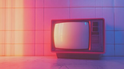 Retro television set illuminated in vibrant pink and blue neon light, 80s nostalgia vibe