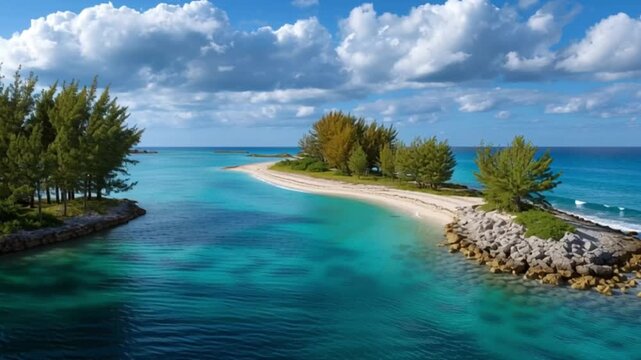 Turquoise water surrounds a sandy isthmus with green trees under a partly cloudy sky