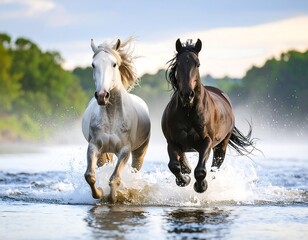 Obraz premium Two horses, one white and one dark, run through shallow water, splashing