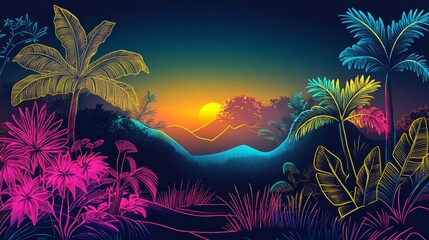 Vibrant neon sunset over tropical landscape with palm trees and colorful plants