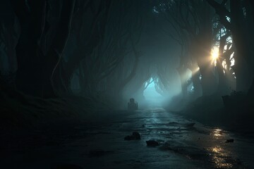 Mystical, sunlit forest path