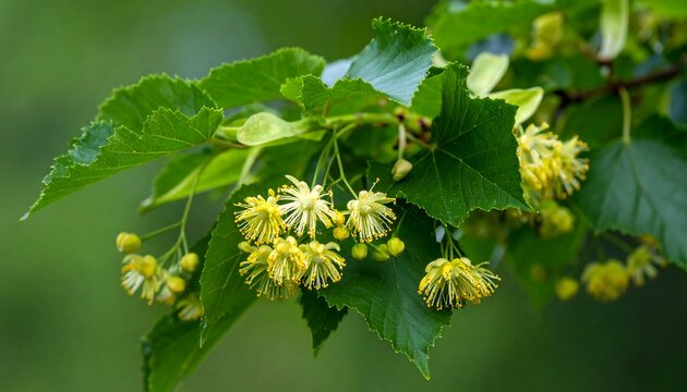 Closeup of a branch with lime blossoms and leaves - Powered by Adobe