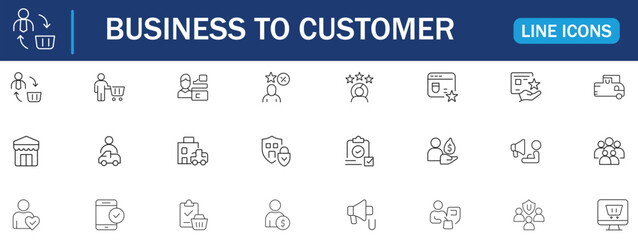 B2C line editable icon set. Featuring business-to-consumer, e-commerce, digital marketing, customer experience, direct sales, customer service, retail, and online store icons. Outline vector style.