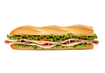 Delicious Ham and Cheese Submarine Sandwich with Fresh Lettuce and Tomato on a Crispy Baguette, Isolated on White Background