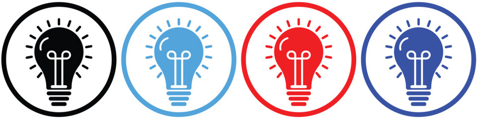 Light bulb icon set with glowing rays. Idea and innovation symbols. Electric lamp, creativity, solution, bright concept, and invention. Outline, filled, and colorful vector illustration.