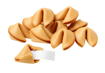 Pile of Golden Fortune Cookies with One Open, Showing a Blank Fortune Slip, Isolated on White Background. Symbolizing Future, Luck, and Personalized Messages.