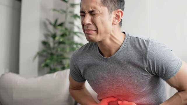 4k video of stomach pain. Concept of stomach cramps and indigestion.