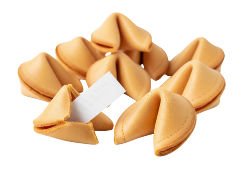 Pile of Fortune Cookies with One Open and Blank Fortune Slip Isolated on White