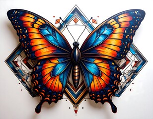 Vivid butterfly with geometric frame, detailed wings, and rich color gradients