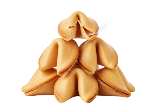 Golden Fortune Cookies Stacked on White - Symbol of Luck and Future Predictions