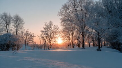 A serene winter landscape with snow-covered ground and trees silhouetted against a colorful sunrise.